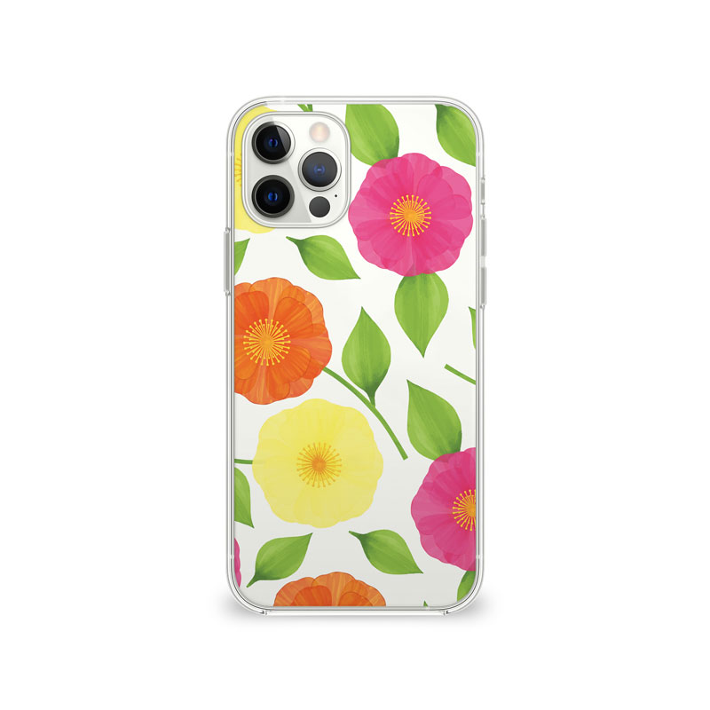 Phone case with pattern of pink, yellow and orange poppies with green leaves and stems on a white background.