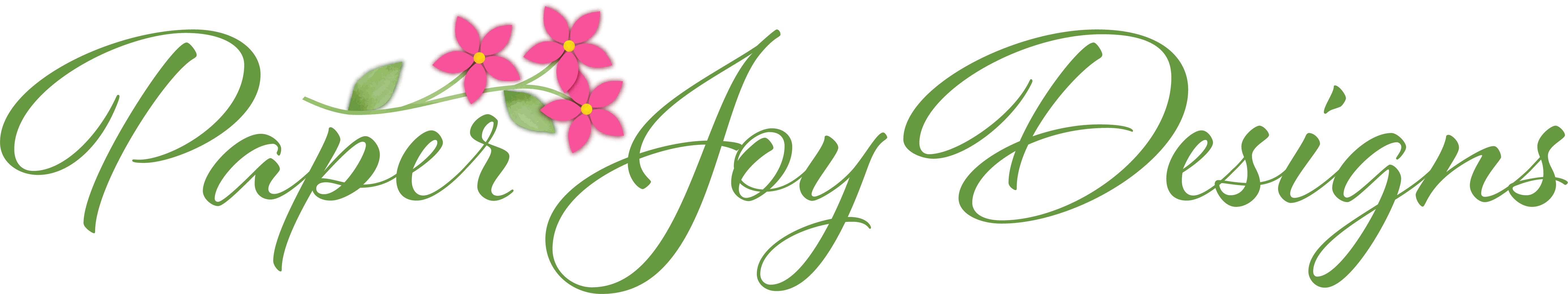 Green script text that says Paper Joy Designs, with pink sculpted paper flowers between Paper and Joy.