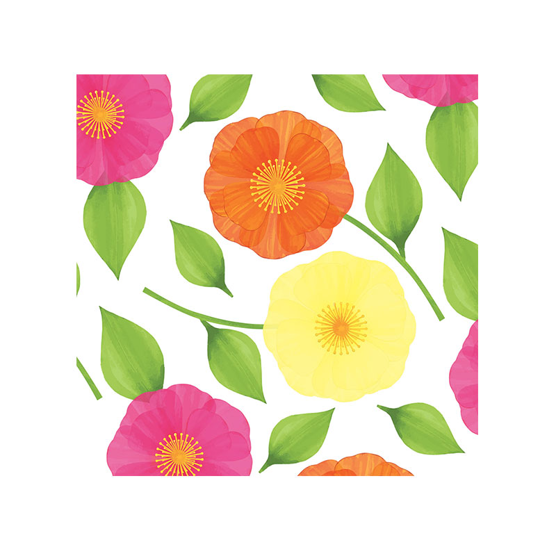 Phone case with pattern of pink, yellow and orange poppies with green leaves and stems on a white background.