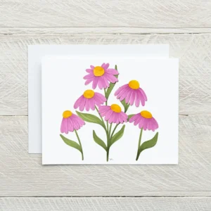 Paper sculpture greeting card showing a cluster of lavender coneflowers with yellow centers on green stems