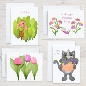 Four greeting cards with white envelopes: bunny in lettuce, mouse in a hammock with coneflowers, a trio of tulips, a cat with a pot of violets.
